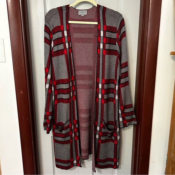 Joseph A. Longline Open Front Sweater Red Black Knit Windowpane Pockets Size 1X - Picture 4 of 13